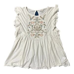 Lucky Brand M White Embroidered Ruffle Sleeve Casual Bohemian Key Hole Floral